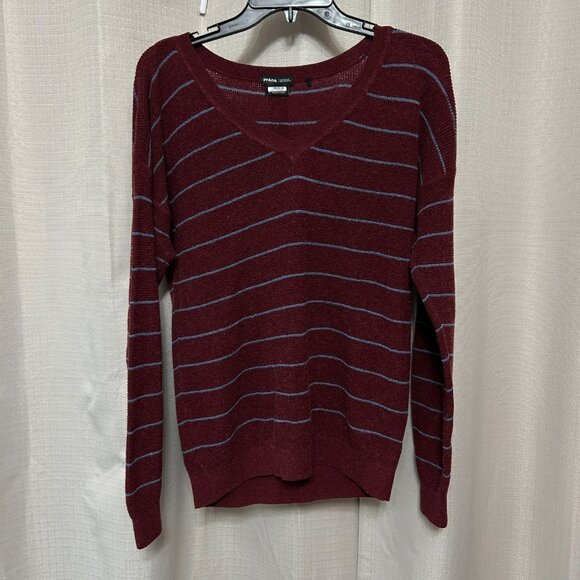 Prana Milani V-Neck Long Sleeve Sweater Women's Size Large Maroon Striped - Picture 1 of 8